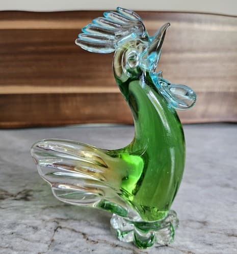 Hand Blown Glass Rooster Chicken Green Paperweight 5"x6.5" Farmhouse Ranch House