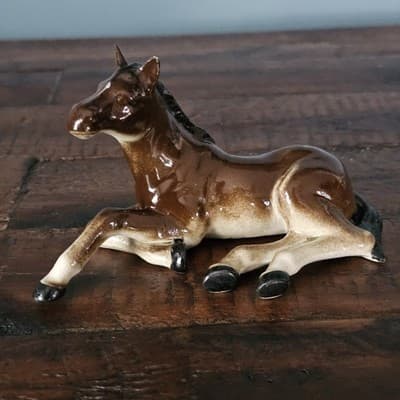 Vintage Dark Bay Foal Horse Figurine Lying Down Bone China? Japan