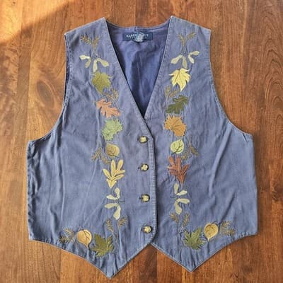 Vintage Karen Scott Fall Leaves Quilted Vest Womens Size Medium Patchwork Blue