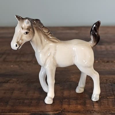Vintage Bone China Gray Horse Figurine Very Small Pony 2.75" Tall Happy Tail Up