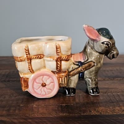 Vintage Donkey Mule with Hat Pulling Cart Planter One Ear Down 3.75” tall x 5.5”