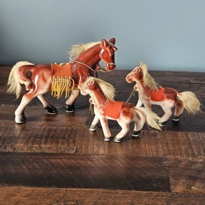 Vtg Japan Horse Figurines Family fur Hair on Mane and Tail Felt Fringe Saddle