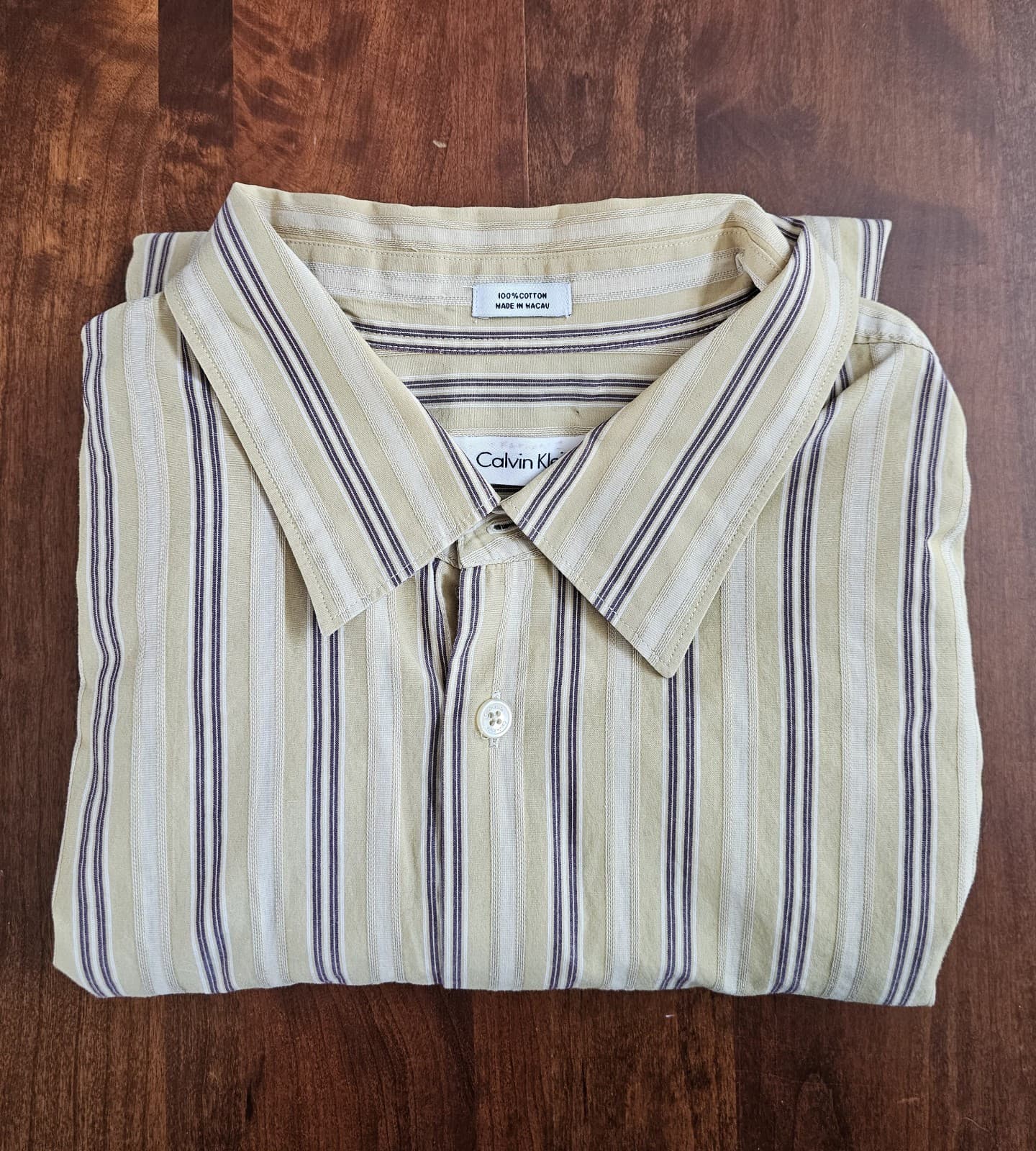 Calvin Klein Mens 2XL Long Sleeve casual Button Down Shirt Stripes Beige Cotton