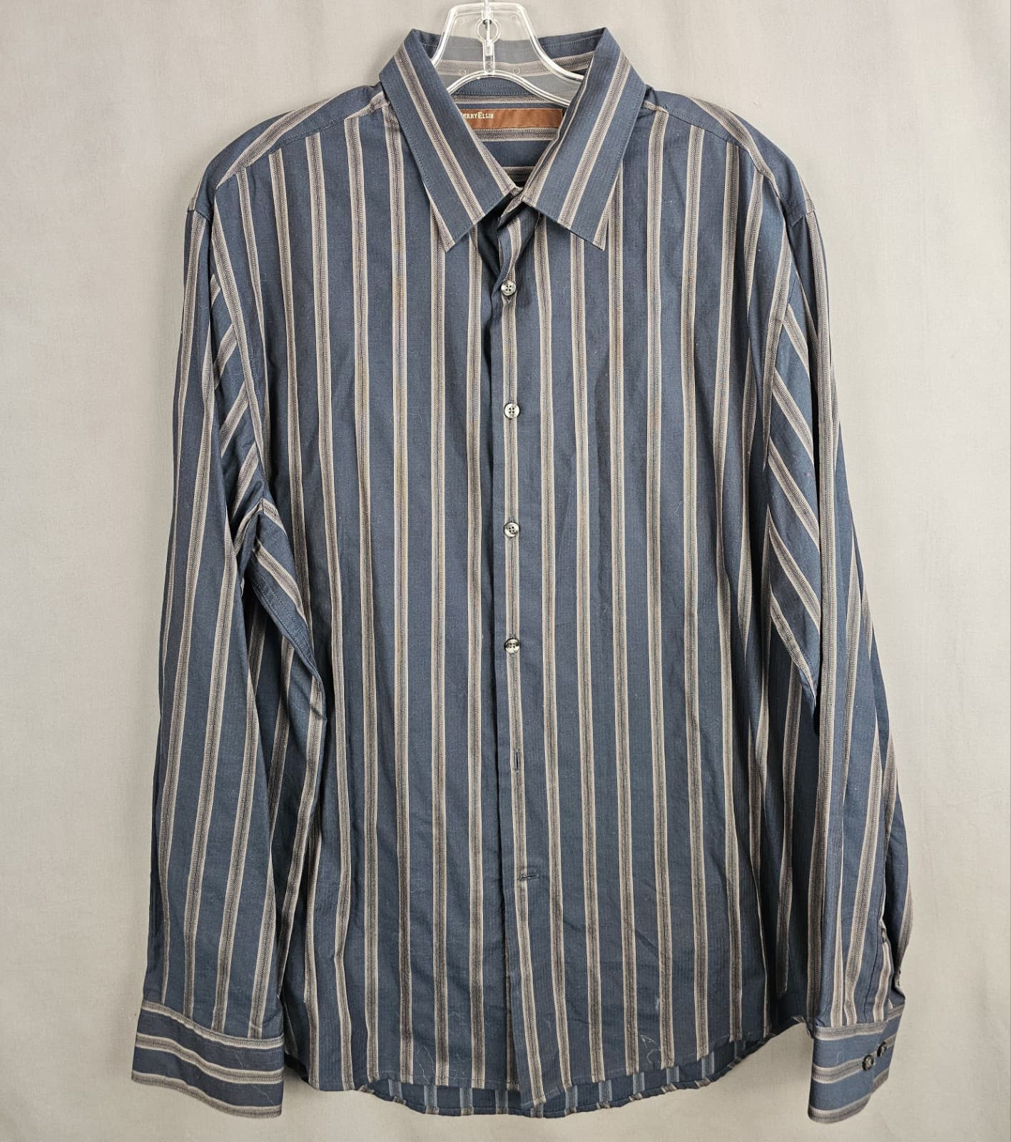 Perry Ellis Shirt Mens XL Blue Stripe Cotton Long Sleeves Casual Button Up