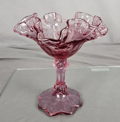 Fenton Art Glass Vtg Pink Purple Cabbage Rose Ruffled Edge Pedestal Bowl Compote