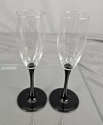 Vintage Black Stem Champagne Glasses Flute 8" Elegant Set of 2 Unmarked