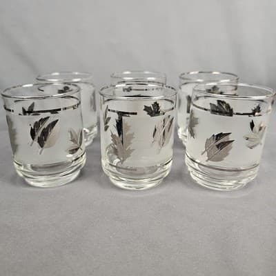 Libbey Glass Silver Leaf Old Fashioned Glasses 3" Set Of 6 Frosted Platinum Trim