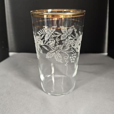 Vintage Bartlett Collins Set of 5 Grape Leaf Etched Glasses Gold Rim 1950s