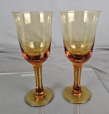 2 Wine Goblets Amber Handblown Vintage Bubble 8” Tall MCM Retro Glass