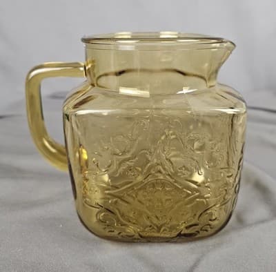 Vintage Federal Glass Amber Madrid Pattern Pitcher Square 5.5" Tall MCM