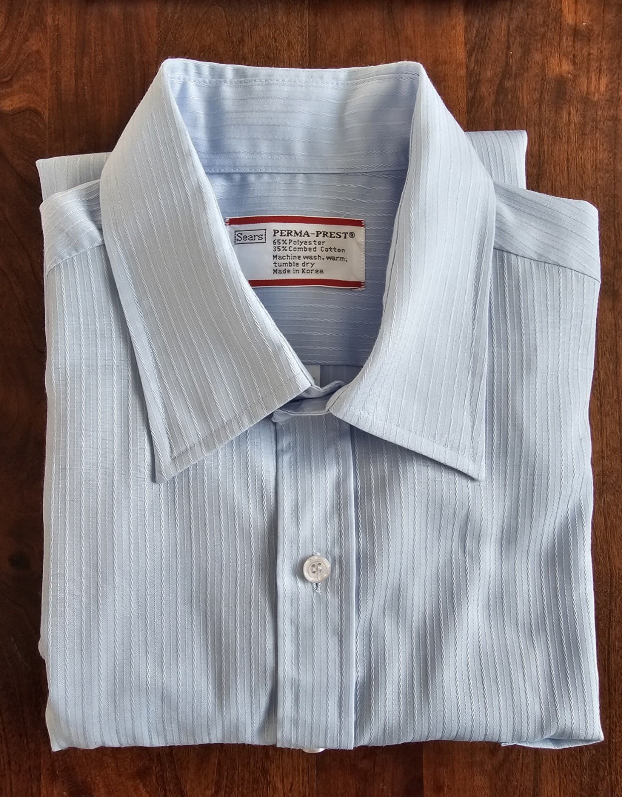 Sears Mens Dress Shirt, 17 34/35 Regular Cut, Blue w verticle rib weeve L Sleeve