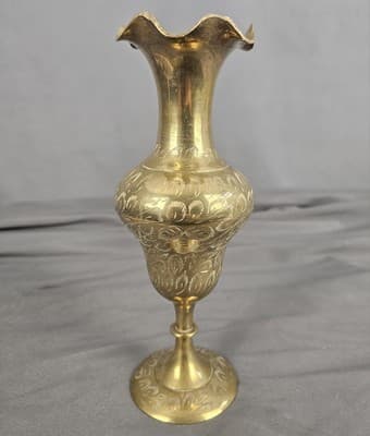 Vintage Brass Vase Etched Ruffle Edge 9" Tall