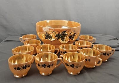 Vintage 1950's Anchor Hocking Peach Luster Ivy Leaves Punch Bowl Set 14 Piece