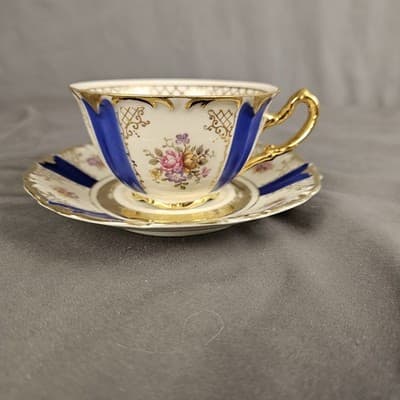 Blue Rose Gold Teacup & Saucer Winterling Germany Dresdin Style Gold Scroll Work