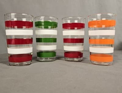 Anchor Hocking Striped Drinking Glasses 4.75" Orange Red Green White Set of 4