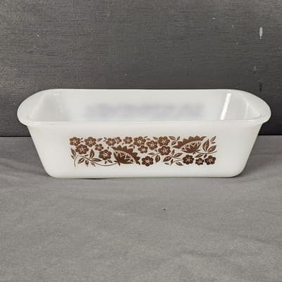 Vtg White Glasbake J522 - 1 1/2 Quart USA Loaf Pan Dish Bakeware Brown Flowers