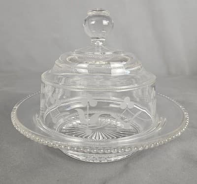 Vintage Clear Glass Butter Cheese Dish with Dome Lid Etched Floral Beaded Edge
