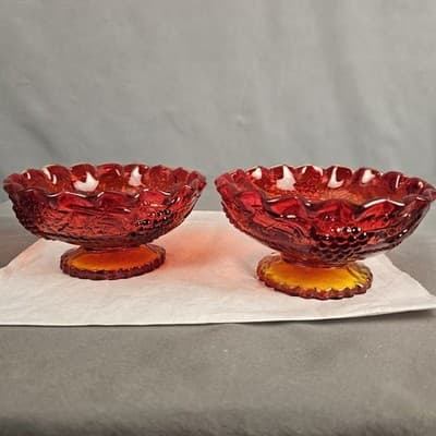 Amberina Red Harvest Grape Tapered Candle Dishes (Set of 2) 4.75 Dia.