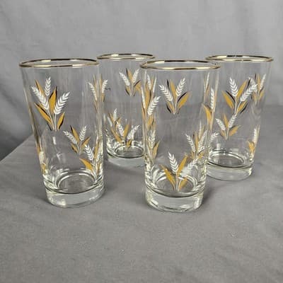 Vintage Libby 5 1/2”X 2.75" Wheat Glasses 8oz White and Gold Rim - Lot of 4