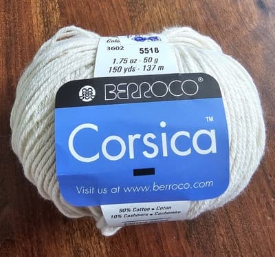 Yarn Berroco Corsica Creme Col 3602 90% Cotton 10% Cashmere 1.75oz, 150ydUS 5-6