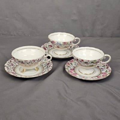 Vintage Tea Party Teacups & Saucers 3 Sets – Floral Iridescent Gold