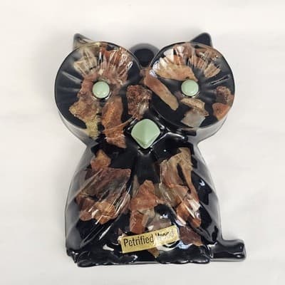 VTG Lucite Resin Owl Arizona Petrified Wood Wall hanging 4" 60s 70s MCM