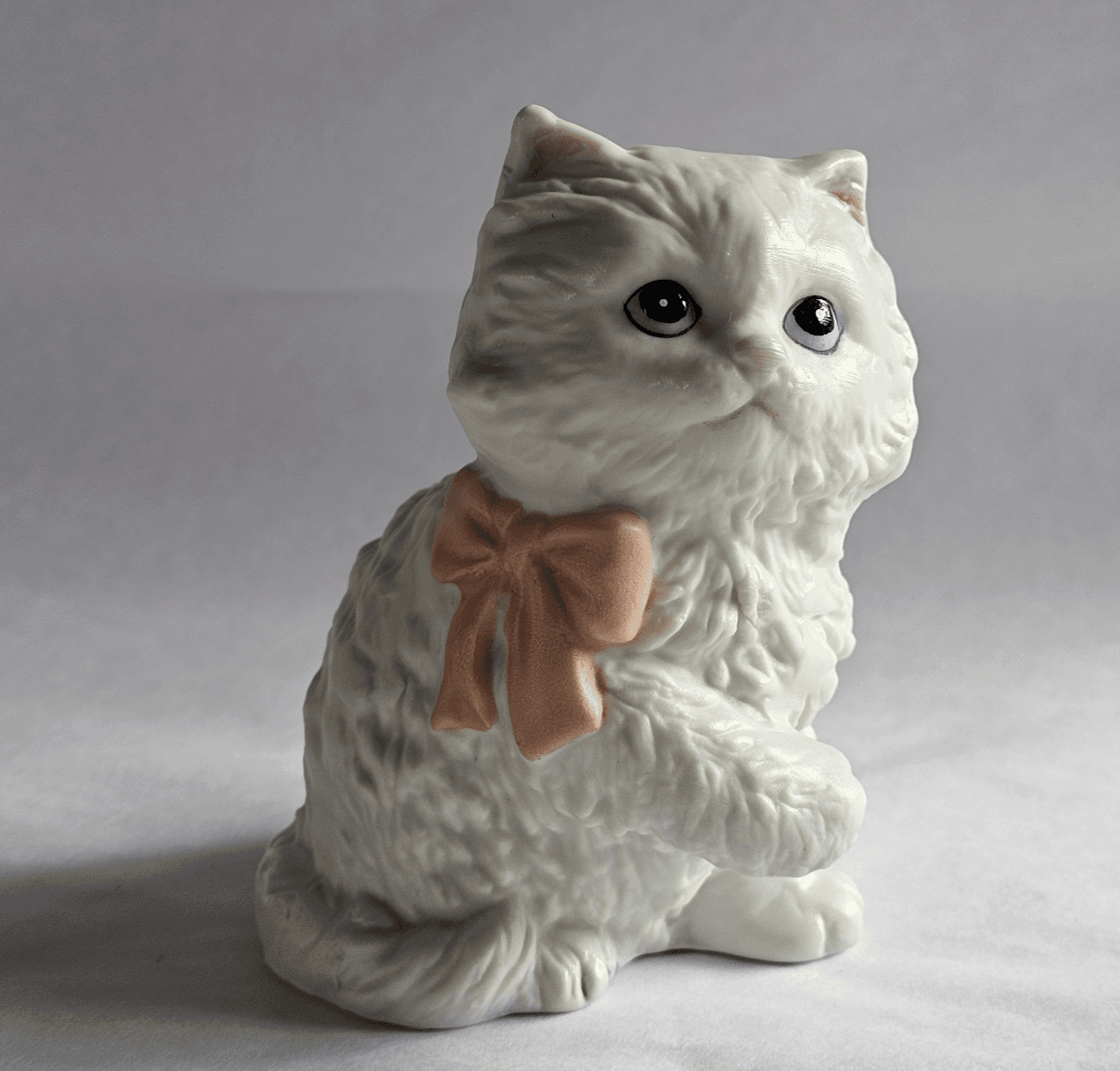 Homco White Persian Furry Figurine Pink Bow Cat Kitten #1428