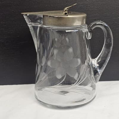 VTG Heisey Earnshaw Sanitary Syrup Pitcher Spring Loaded Lid Etched Floral
