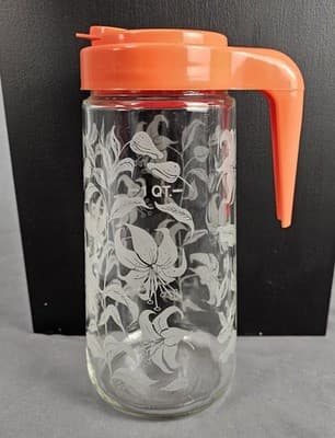 VTG Tang Drink Anchor Hocking Pitcher Clear Glass Etched Lily Orange Lid 1 Qt