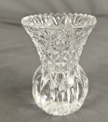 Vintage Miniature 4” Cut Glass Bud Vase Starburst Design With Sawtooth Edge