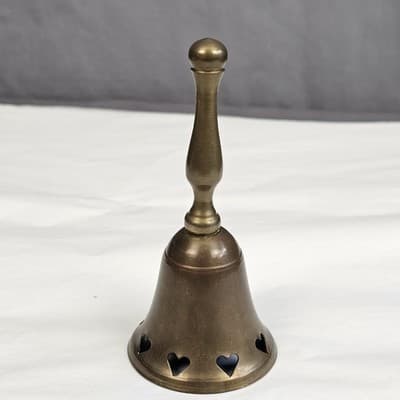 Vintage Brass Hand Bell Cutout Hearts School Dinner Bell 5 in Tall