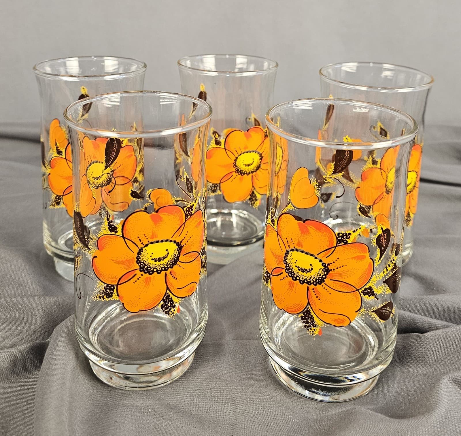 Dominion Glass Orange Poppy Flower 5.5" Tall Tumblers Set of 5 MCM