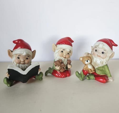 Christmas Elf Homco Set 3 Elves Porcelain Elves Lot Of 3 Toymakers Vintage Santa