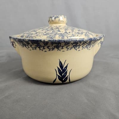 Vintage Roseville Blue Spongeware Crock + Lid Robinson Ransbottom With Handles
