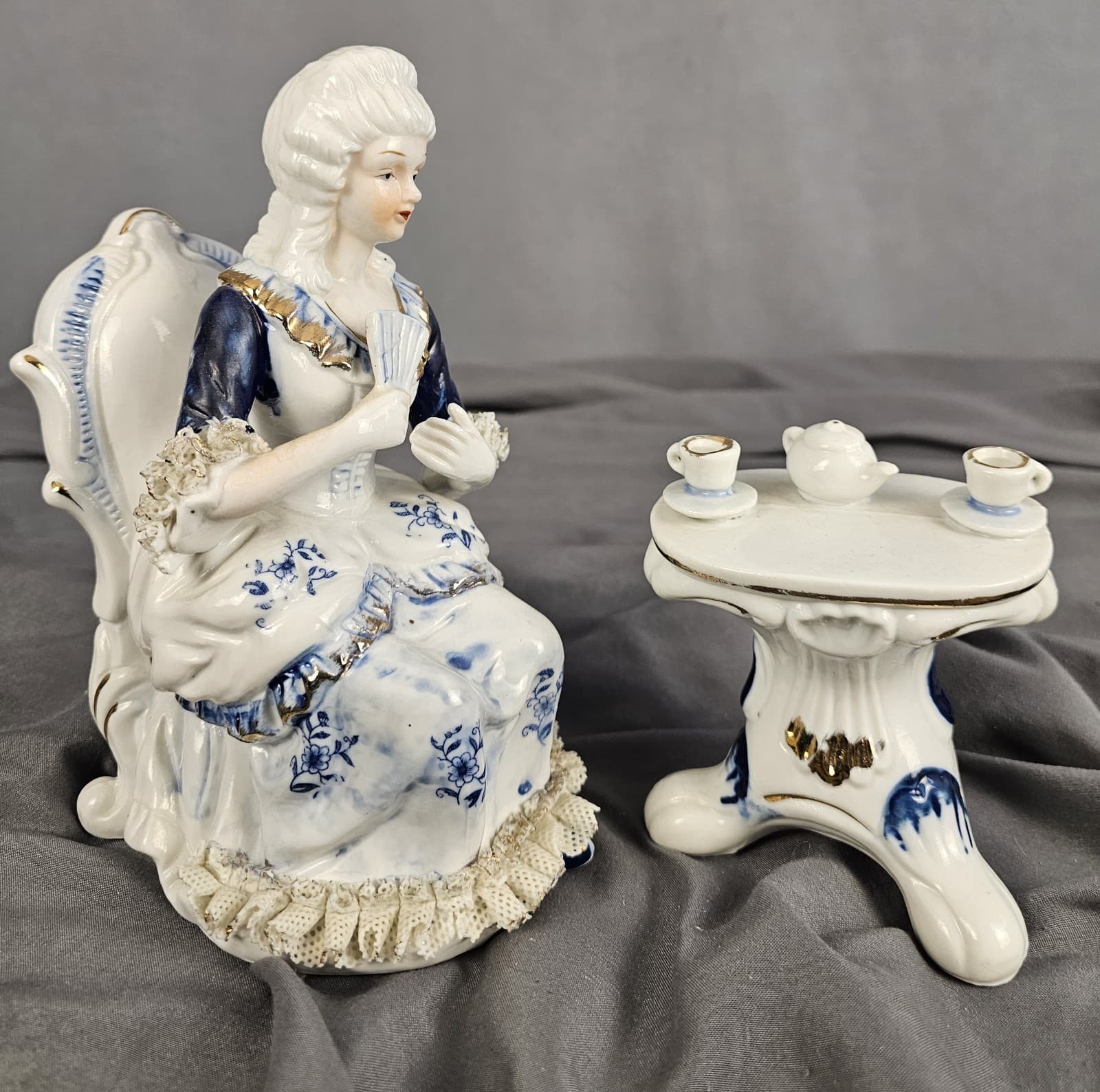 Vintage Victorian Woman & Table Figurine Having Tea
