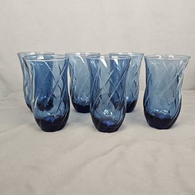 Set 6 Vtg Anchor Hocking Clear Blue Glass Tumblers Carousel Drinking Glasses EUC