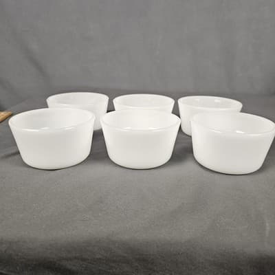 6 Glasbake Ramekin Custard Bake Cups Milk Glass White Bowls Flan Baking 4-5 oz