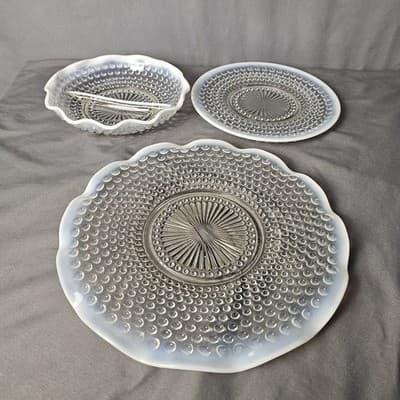 Vintage Moonstone Opalescent Hobnail Bowls and Plater