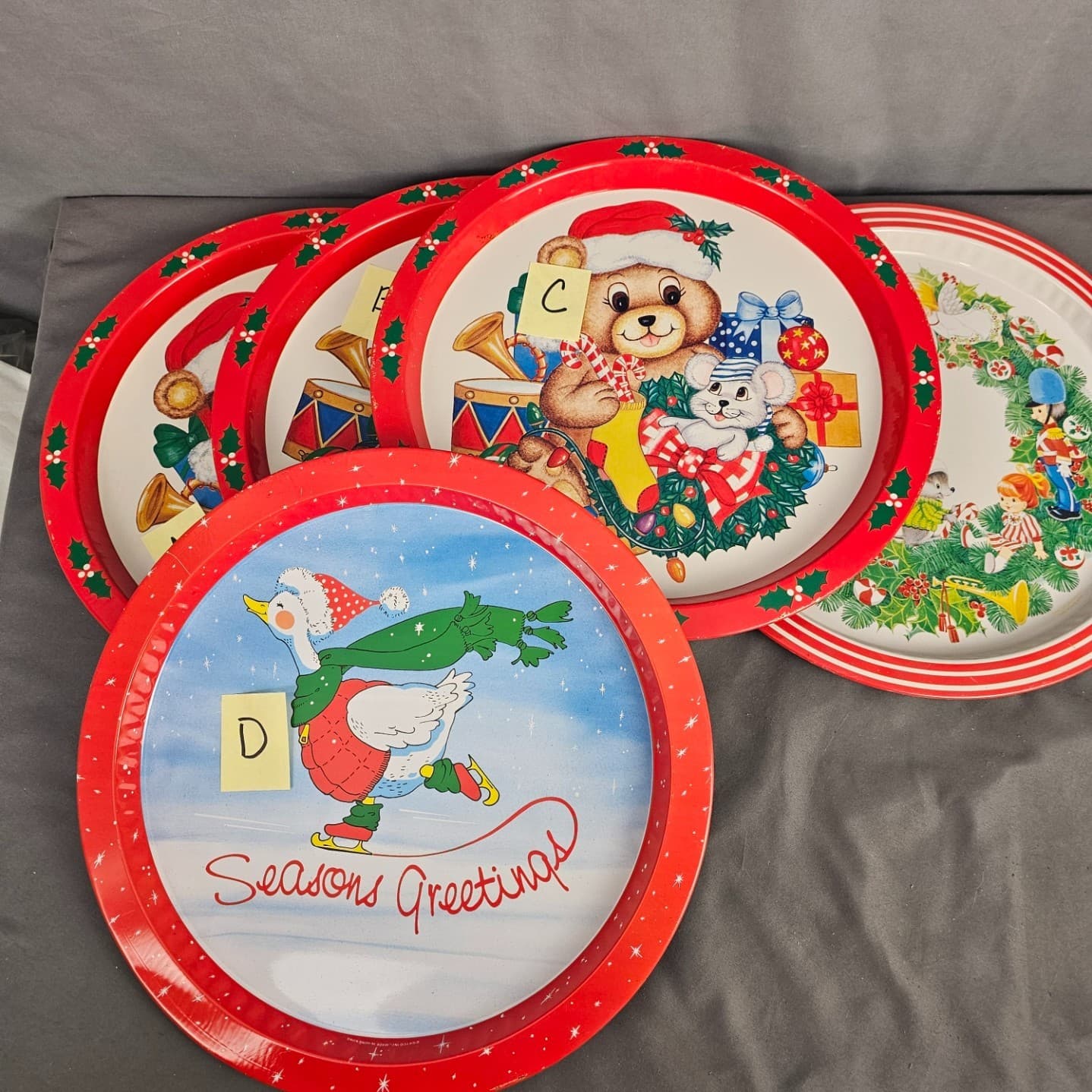 Vintage Christmas Metal Tin Serving Tray 13" Bear Swan Wreath You pick