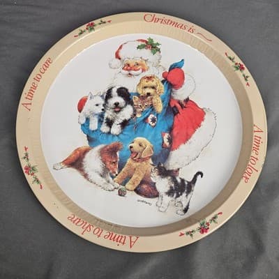Vintage Christmas Tin Tray Santa Dogs Puppies Cat Christmas A time to Share