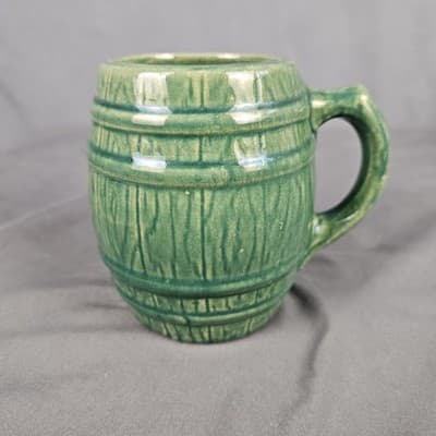 Vintage McCoy Pottery Green Glazed Barrel Mug Stoneware Stein 4.75" Tall