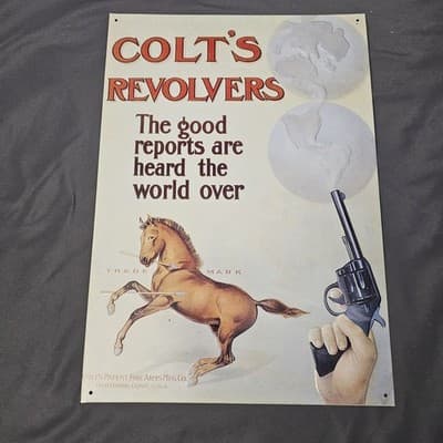VTG Colt's Patent Fire Arms Manufacturing Co 1991 Metal Advertising Sign Horse