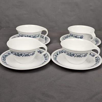 Vtg Corelle Old Town Blue Cup Saucer Set for 4 Onion Hook Handle Cups MCM