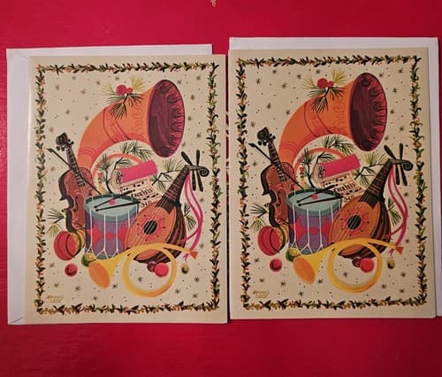 2 Vintage Christmas Cards Music Instruments Cursive Saying Unused