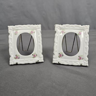 Porcelain Small White w Roses Picture Frames Set of 2 with Stands