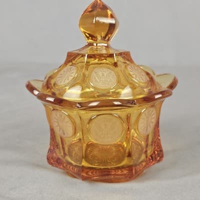 Vintage Fostoria Frosted Coin Glass Pedestal Wedding Bowl With Lid - Amber