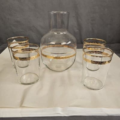 Vtg Libbey Victoria Water Juice Liquoir Carafe & 4 juice glasses 22Kt gold