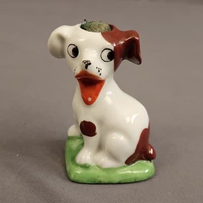 Vintage Puppy Spotted Dog Pin Cushion Figurine Happy Made in Japan Porcelain