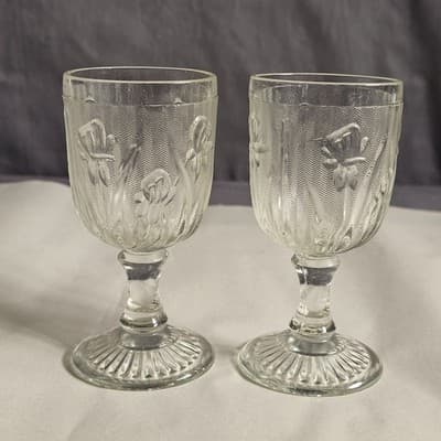 Set of 2 Jeanette Glass Iris & Herringbone Small Goblets Clear 5-3/4" 6 oz