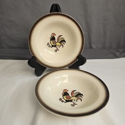 Vintage Dishes Poppytrail Red Rooster 2 Bowls 6" Retro Cottagecore Farm Rustic